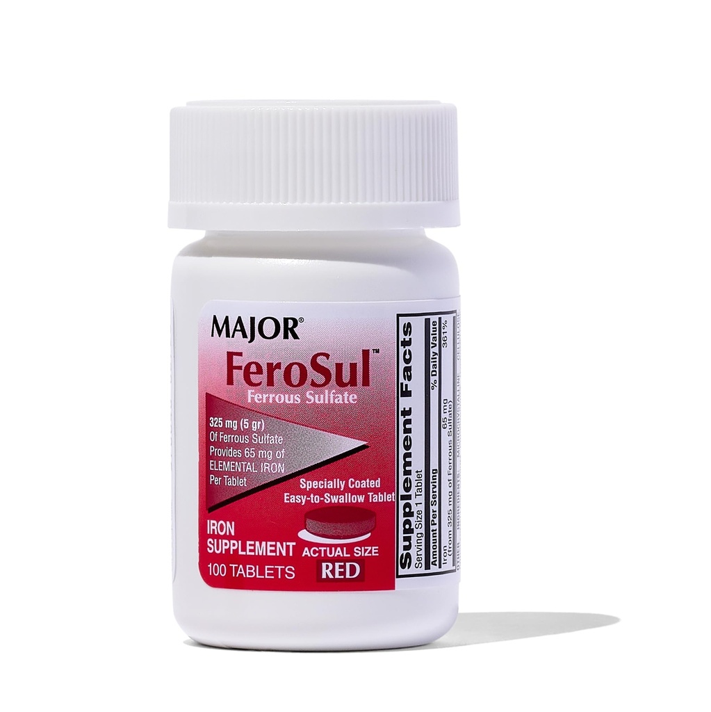 Büyük Ferosul - Ferrous Sulfate 325mg Tabletleri 65 mg of Elemental Iron - Kadınlar için Demir Tamam, Erkekler - Red - 100 Tablet - 1 Paket