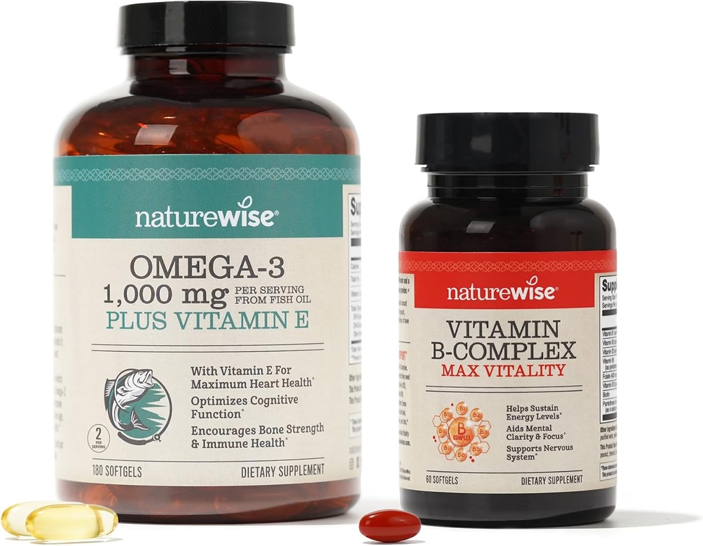 NatureWise 1000 mg Omega 3 600 mg EPA 400 mg DHA with Vitamin E 180ct & Vitamin B Kompleksi for Cellular Energy 60 Softgels[2-Month]