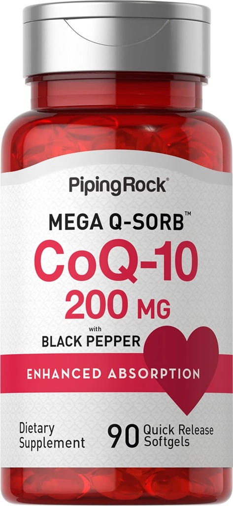 Piping Rock CoQ10 200 mg Softgels | 90 Kont | Kadınlar ve Erkekler için Tamam | Black Pepper Extract | Non-GMO, Gluten Free