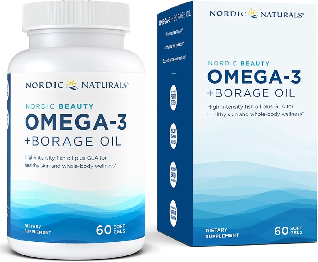 Nordic Naturals Nordic Beauty Omega-3 + Borage Oil, Natural Lemon-Flavored - 60 Soft Gels - Fish Oil Supplement for Skin Health and Hydration - Non-GMO - 30 Hizmet