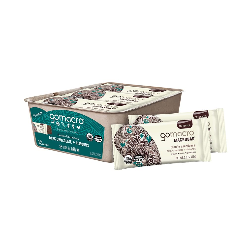 GoMacro MacroBar Organik Vegan Protein Barlar - Dark Chocolate + Almonds (2.3 Ounce Bars, 12 Count)