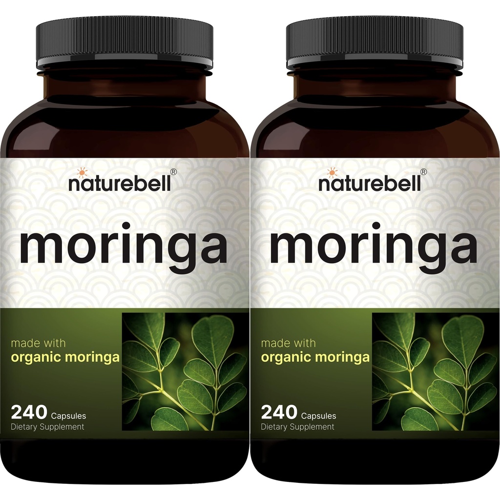 NatureBell Pure Moringa Capsules 8,000 mg Per Service (2 Pack) | Moringa Toz Organik, 480 Capsules – Green Superfood, Skin Health, & Immune Support – Non-GMO, Gluten Free, 8 Ay Supply
