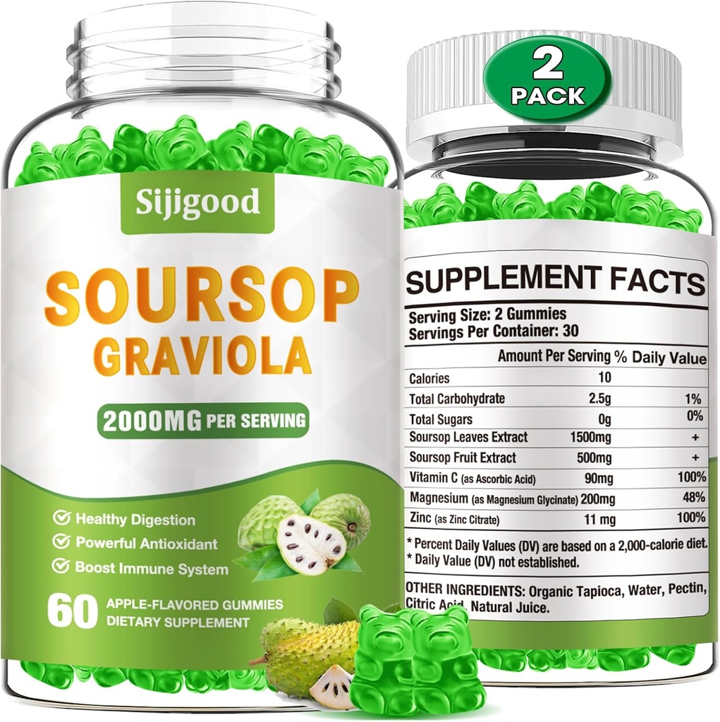 2 Pack Soursop Graviola Gummies - Organic Soursop Leaves & Fruit Extract - Digestive Aid, Immune Support & Antioxidant Properties - 120 Apple Flavored Gummies
