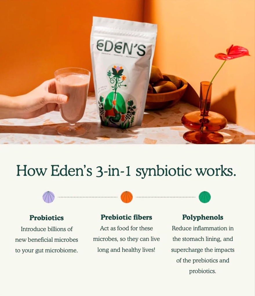 Eden'in 3-in-1 Synbiyotik Supplement | Prebiyotiks, Probiyotikler ve Polyol Gut Health Supplement, Once Daily, 8g of Fiber