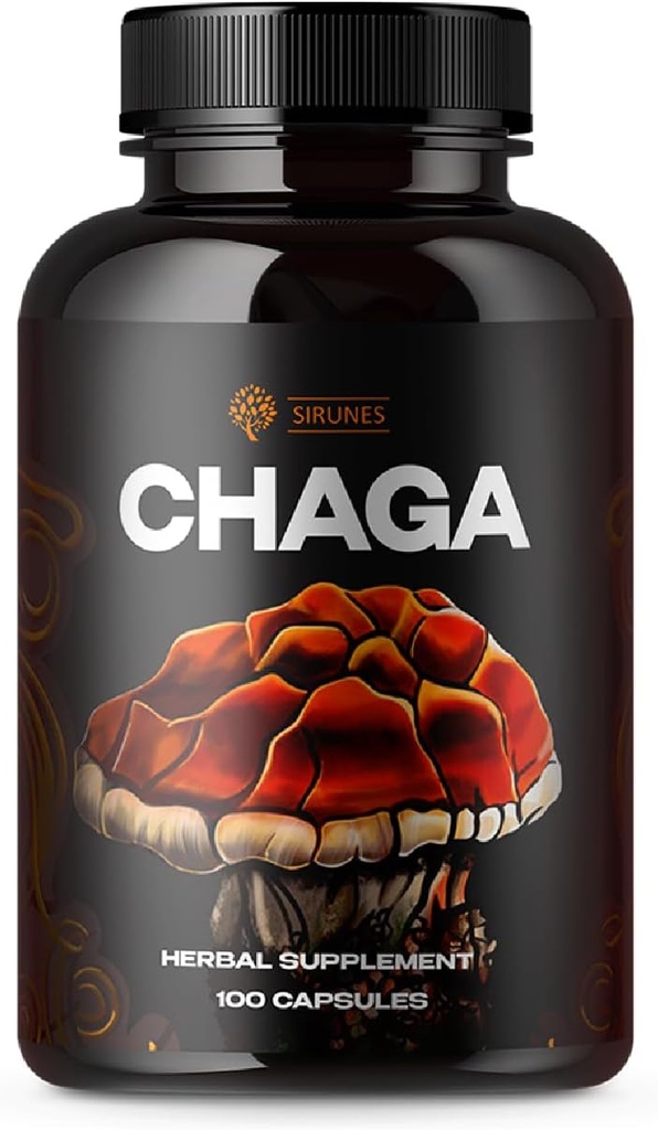 SIRUNES Mushroom Supplement Chaga Mushrooms Capsules 100 Kont - Chaga Mushroom Toz ile Doğal Organik Mushrooms - Immune Desteği için Antioksit, Enerji Boos