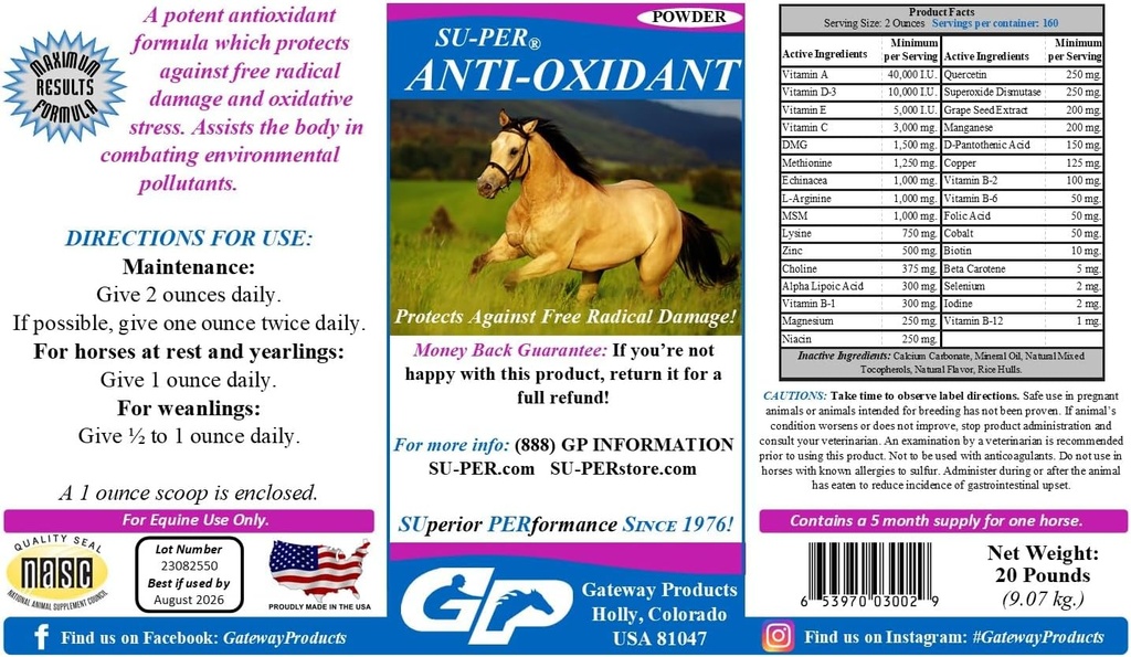 Atlar için Anti-Oxidant Supplement - Equine Vitaminleri ve Temel Antioksit Desteği - Çevre Kirliliği ve Oxidative Stres - 20 Pounds, 5 Ay Supply