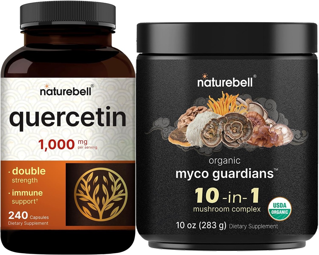 NatureBell Quercetin 1000 mg Per Service & 10 in 1 Mushroom Toz, 10oz Sche | Ultra Strength Quercetin Supplement | Immune ATM & Brain Health Support