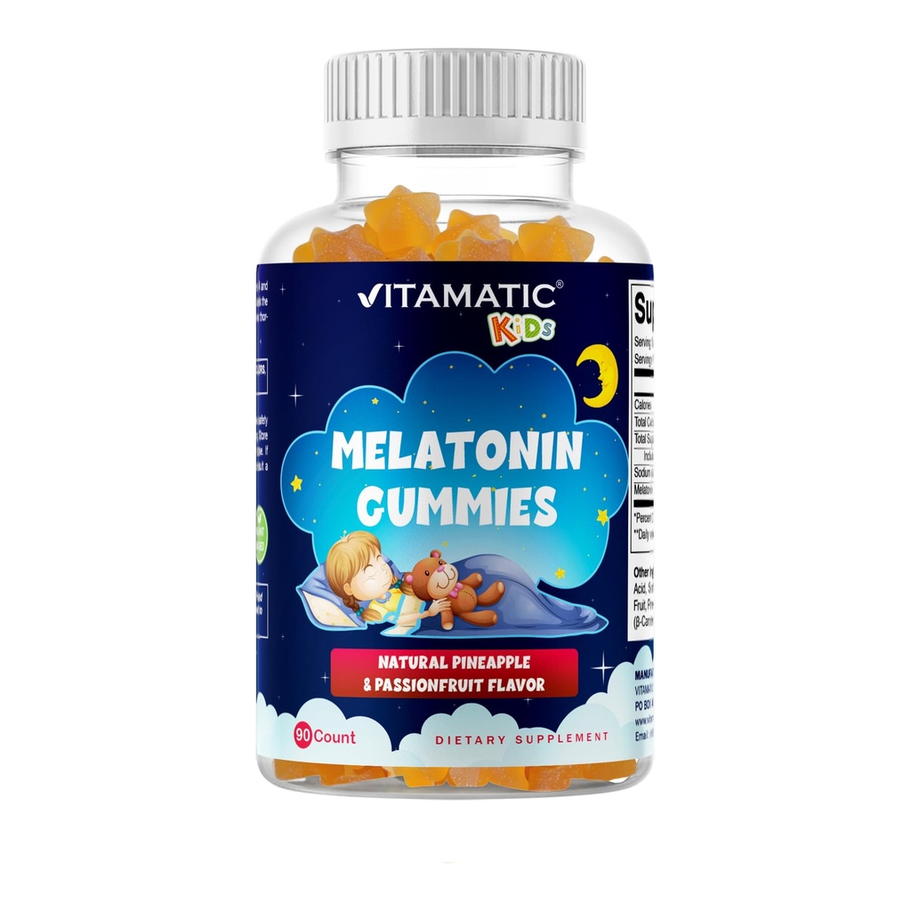 Vitamatic Sugar Free Kids Melatonin 1mg, 90 Gummies, Pineapple & tutkulu Flavored Gummies, 90 Days Supply