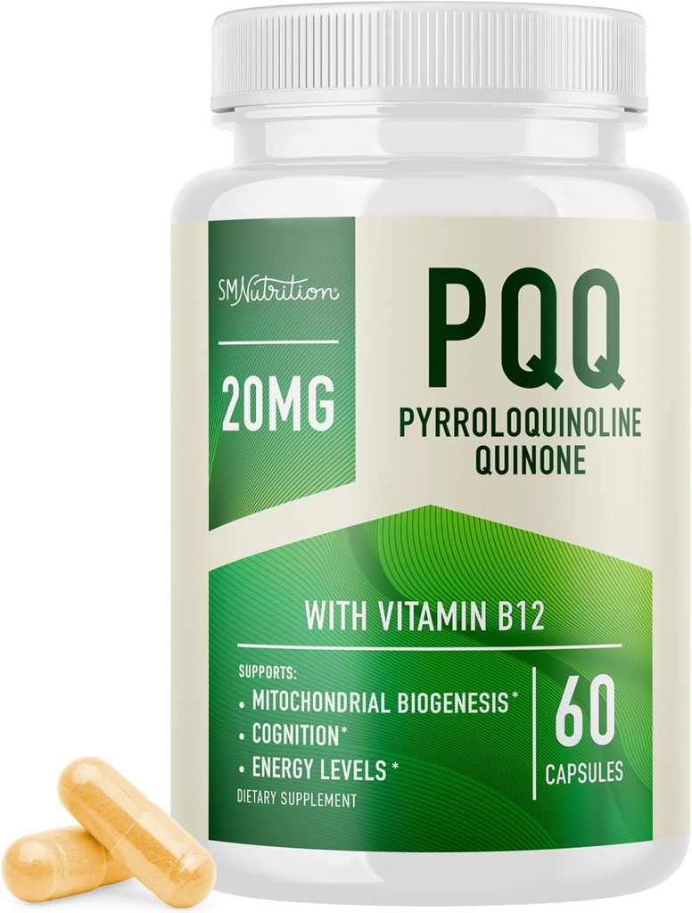 PQQ Supplement 20mg | Mitochondrial Biogenesis & Energy Optimizer With CoQ10 & Vitamin B12 | Supports Brain Health & Mitochondria Production | Ultra PQQ Formula | Vegan, Gluten-Free | 60 Capsules