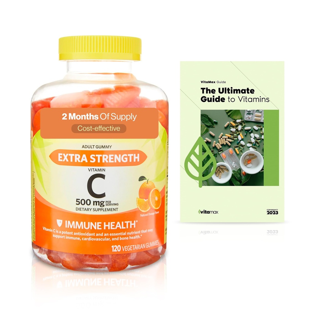 Spring Valley Ekstra Güçlü Vitamin C Immune Health Diyetary Supplement Vegetarian Gummies, Orange, 500 mg, 120 Count + Exclusive VitaMax kılavuzu (2 Madde)