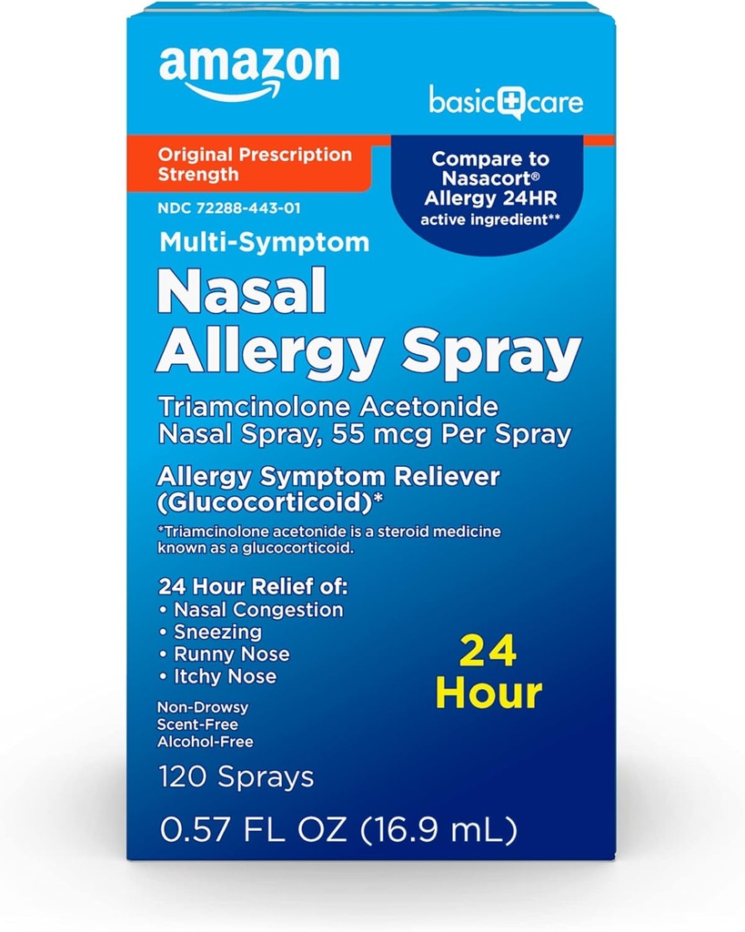 Temel Bakım 24 Saat Alerji Nasal yapıştırıcısı, Triamcinolone Acetonide 55 mcg per sprey, Antivirüs Tıp, Non-Drowsy, 0,57 fl oz (kampiyon 1)