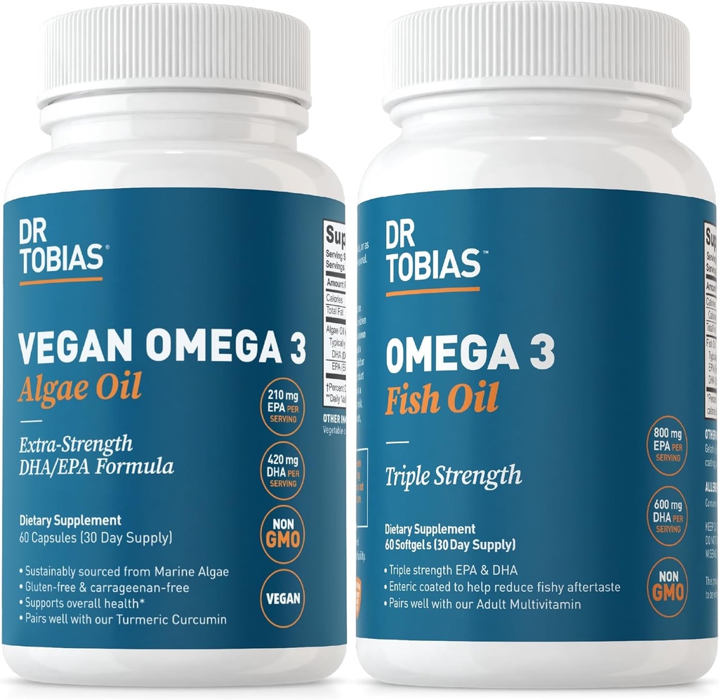 Dr. Tobias Vegan Omega 3 Algae Petrol ve Omega 3 Balık Yağı, Kapsamlı Şişmanlık asit Desteği için 2 Seçenek, Non-GMO