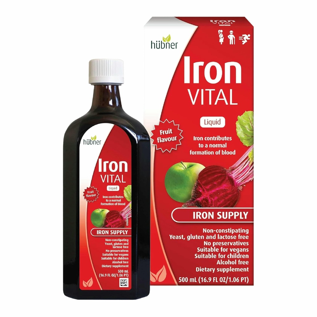 Hübner Hubner Iron Vital Liquid Iron Supply Plus Vitamin C, Dietary Supplement for Yetişkinler and Kids, Vegan and Gluten-Free, Fruit Flavor, 500 ml Şişe, 50 Hizmetler