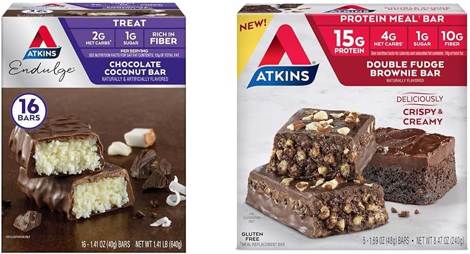 Atkins Coconut Bar 16 Kont, Double Fudge Brownie Protein Meal Bar 5 Kont