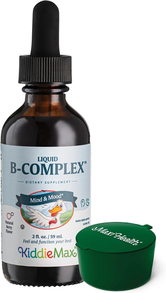 Maxi Health Raspberry Sıvı Vitamin B Kompleksi, Vitamin B12 ile Tamam - B1 B2 B3 B5 B6 Biotin Folic Acid, For Energy & Brain Function - 2 f. Oz, Green Pillbox