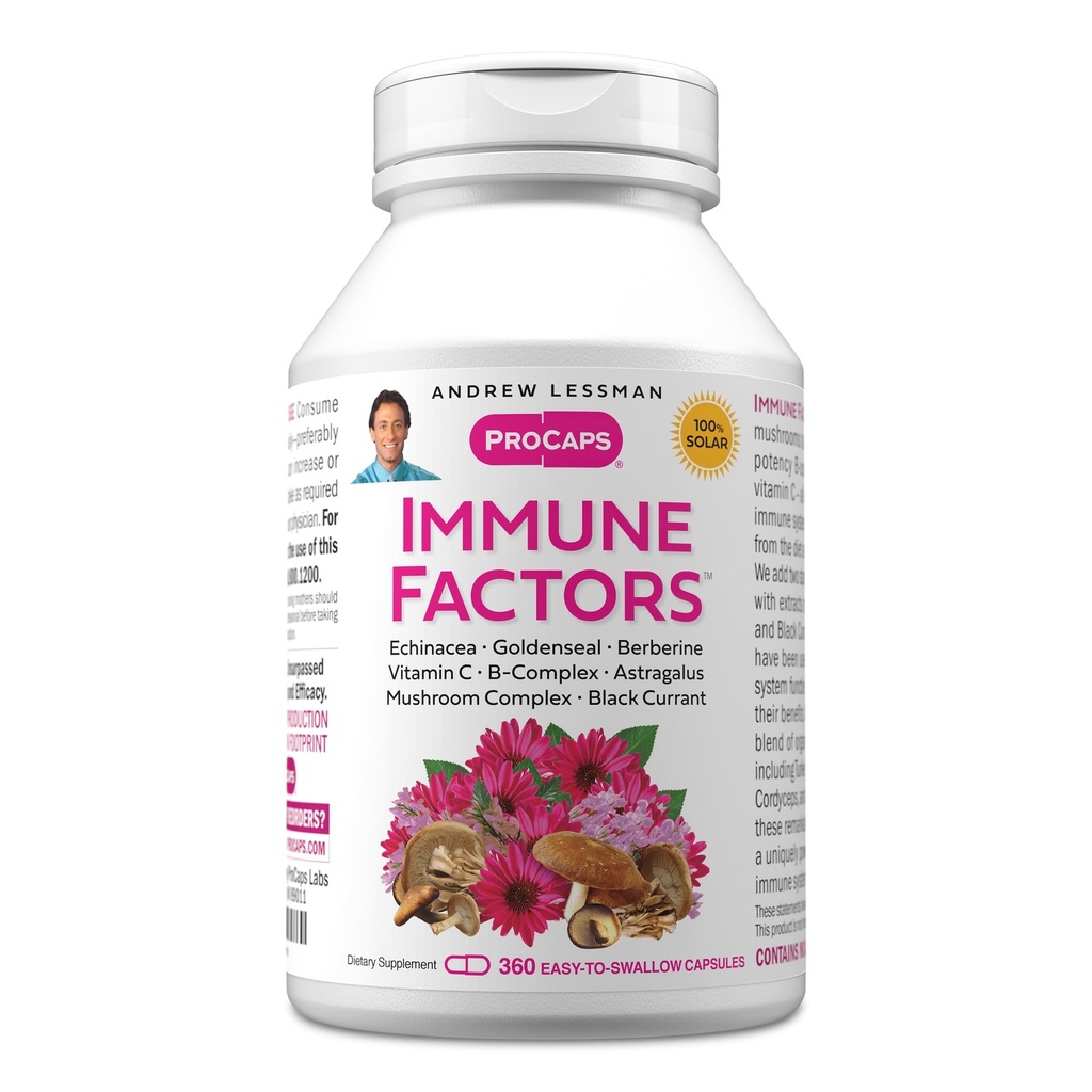 ANDREW LESSMAN Immune Factors 360 Capsules - Echinacea, Goldenseal, C, Astragalus, Berberine, Mushroom Mix, Black Currant. Destekler ve Immune Sistemi ve Doğal Savunmaları Destekler