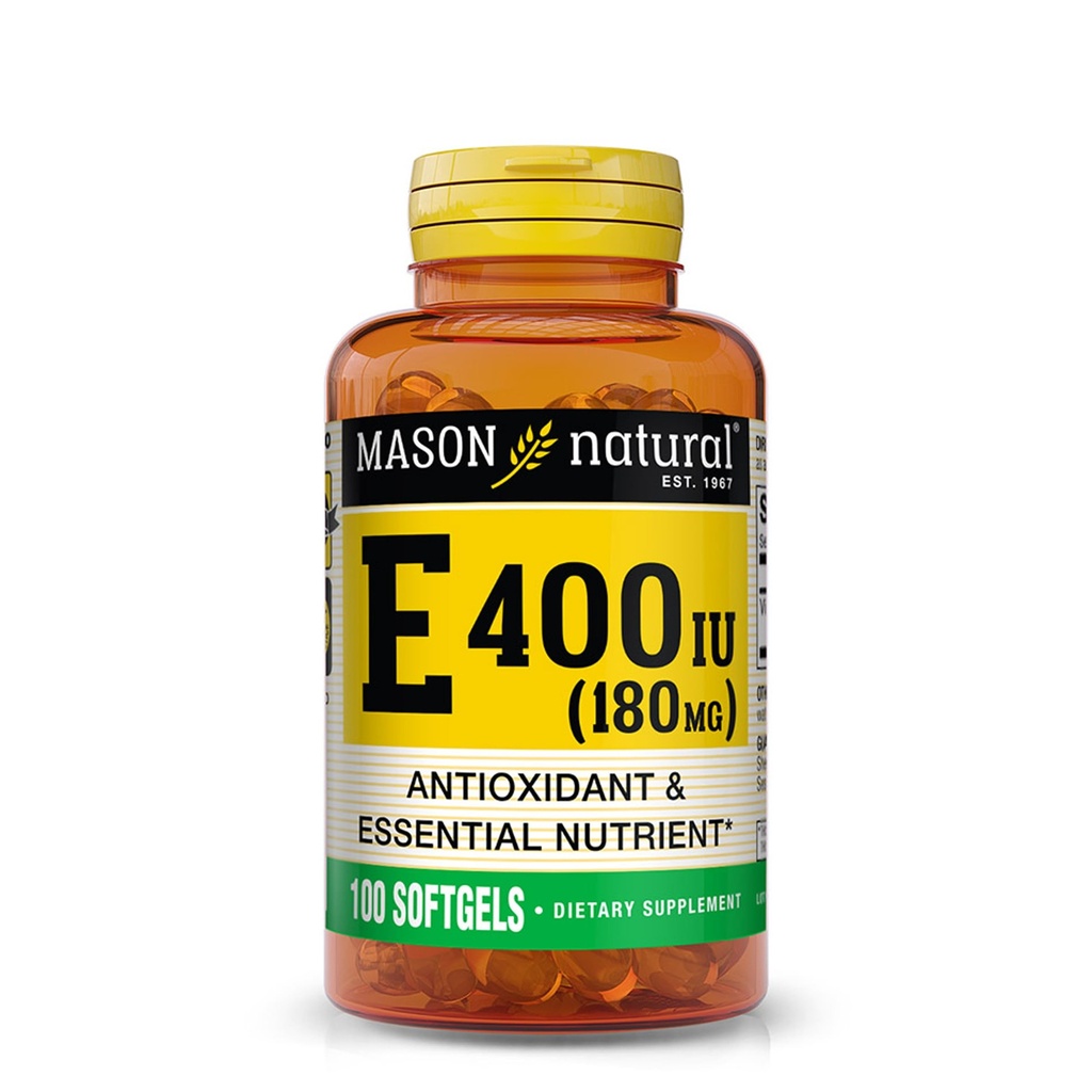 MASON NATURAL Vitamin E 180 mg (400 IU) - Antioksi ve Temel Nutrient, Sağlıklı Immune Sistemi, Cilt ve Gözler, Tüm Vücut Tamam, 100 Softgels