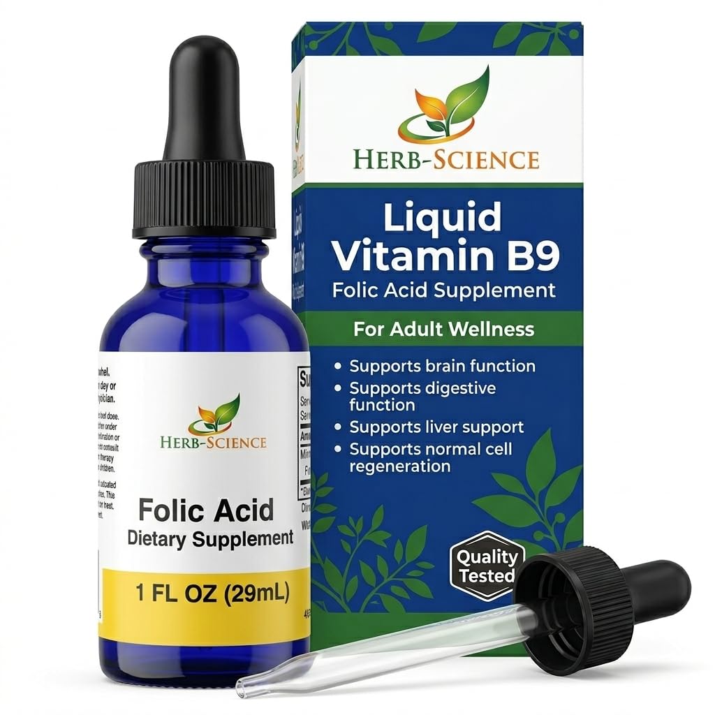 Liquid Vitamin B9 Folic Acid Drops, Alcohol-Free, 1 Oz