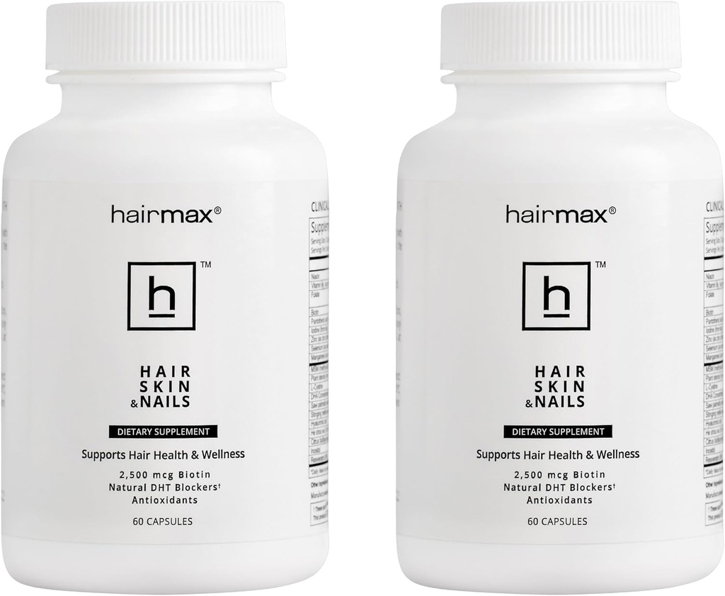 Hairmax for Hair, Skin and Nails Dietary Supplement – Hair Loss and Hair Regrowth Treatment for Women and Men. Contains 2500mcg Biotin, DHT Blocker, MSM & Antioxidants, Pack of 2 Bottles