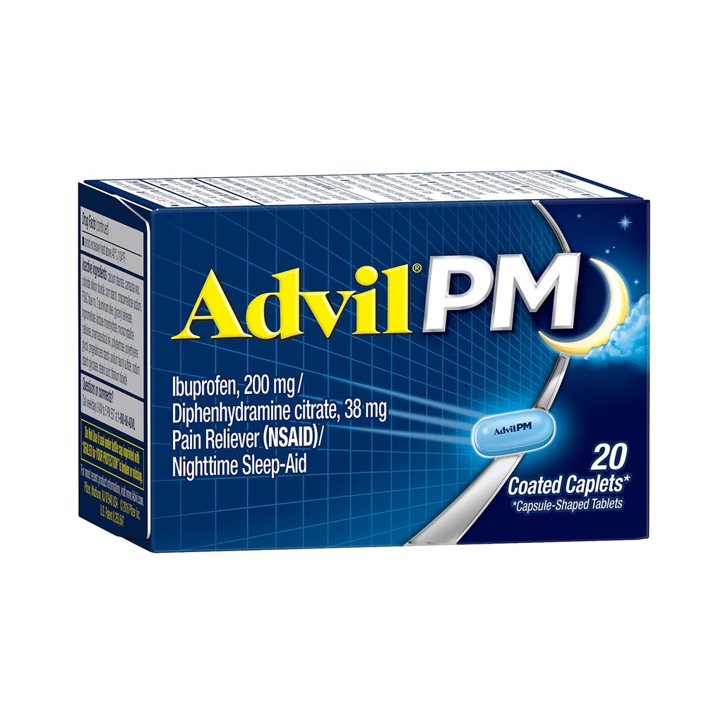 Advil PM Pain Reliever And Nighttime Sleep Aid, Pain Medicine With Ibuprofen For Pain Relief And Diphenhydramine Citrate For A Sleep Aid - 20 Kaplamalı Caplets
