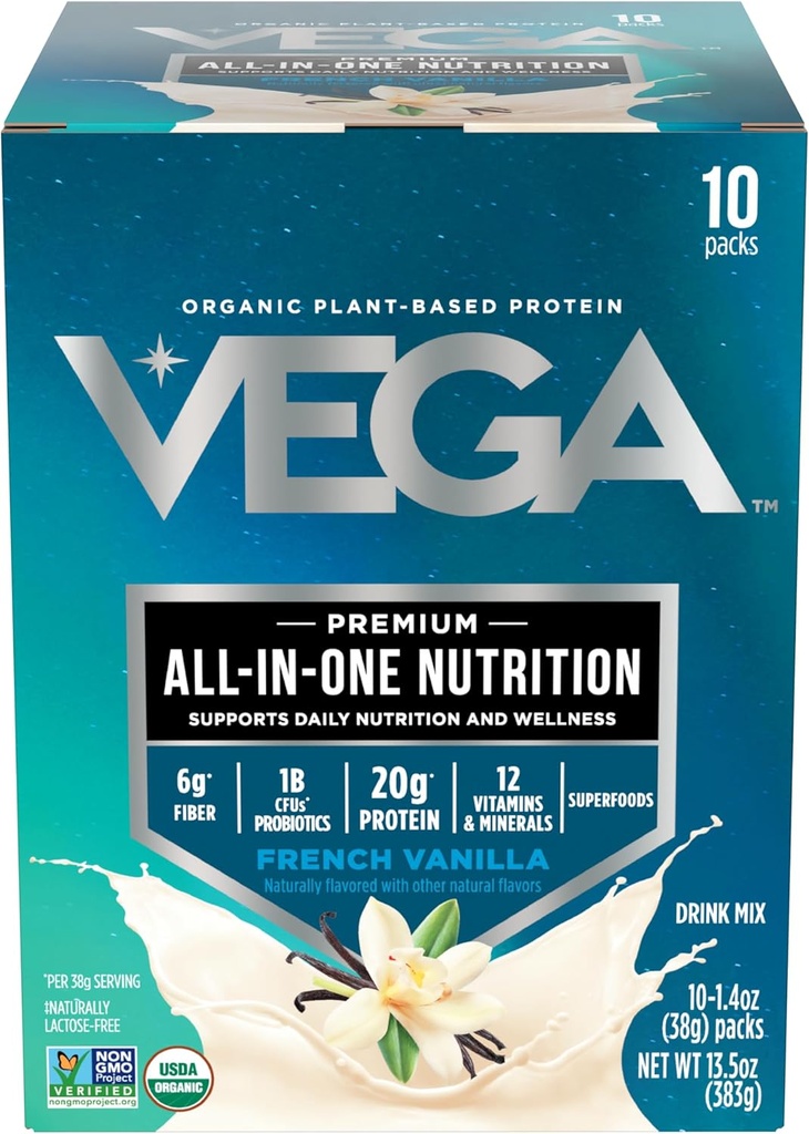 Vega Organik All-in-One Vegan Protein Toz, Fransız Vanilla - Superfood Malzemeler, Immunity Support, Keto Friendly, Pea Protein for Women & Men, 13.5 oz (Pazar Mayıs Vary) için Vitaminler