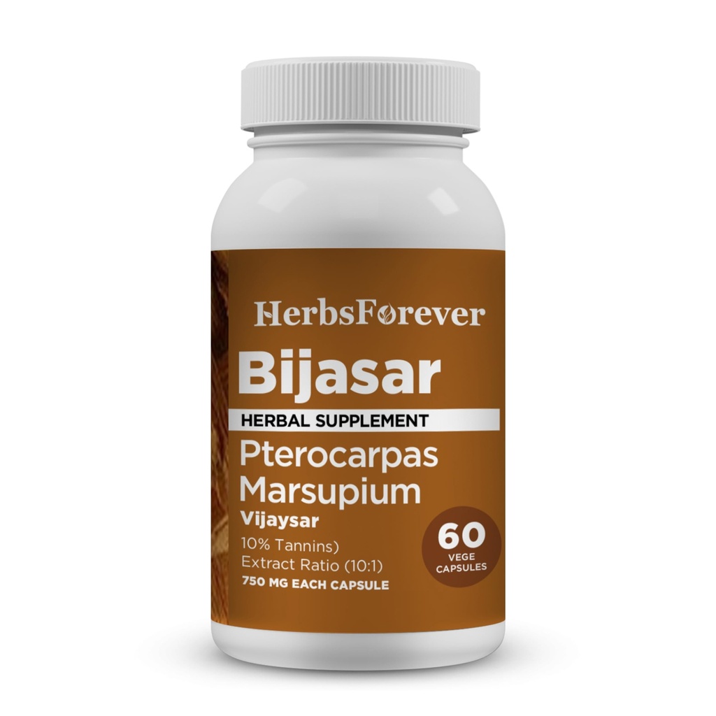 HerbsForever Bijasar (Indian Kino Tree, Malabar Kino)-Extra Strength (10:1) Türleme,Equiv.to 4800 mg Bark Toz -Liver Support & Detox Blood Sugar & Length|10% Tannins|60 Veg Capsules|800 mg