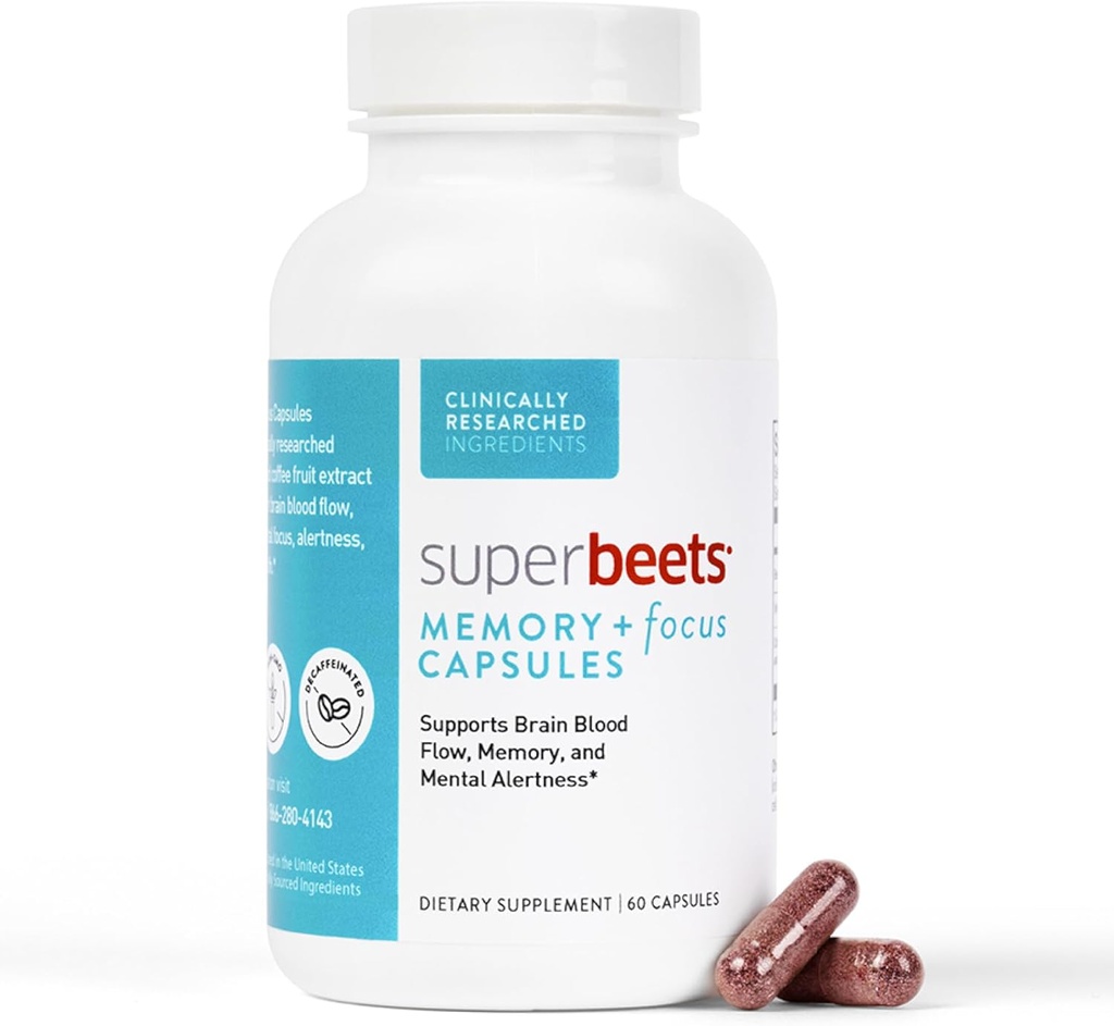 HumanN SuperBeets Memory & Focus Brain Supplement Capsules – Zihinsel Uyarılar – Klinik olarak Studied Nootropics, Resveratrol Plus Beet Root Toz, Sugar-Free, 60 Count