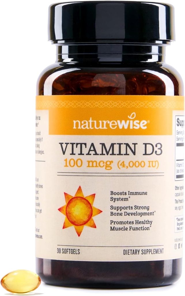 NatureWise Vitamin D3 4000iu (100 mcg) 30-Day Supply for Immune Support, Healthy Muscle Function, and Bone Health - Non-GMO, Gluten Free in Organic Extra Virgin Olive Oil, (Mini Softgel), 30 Count