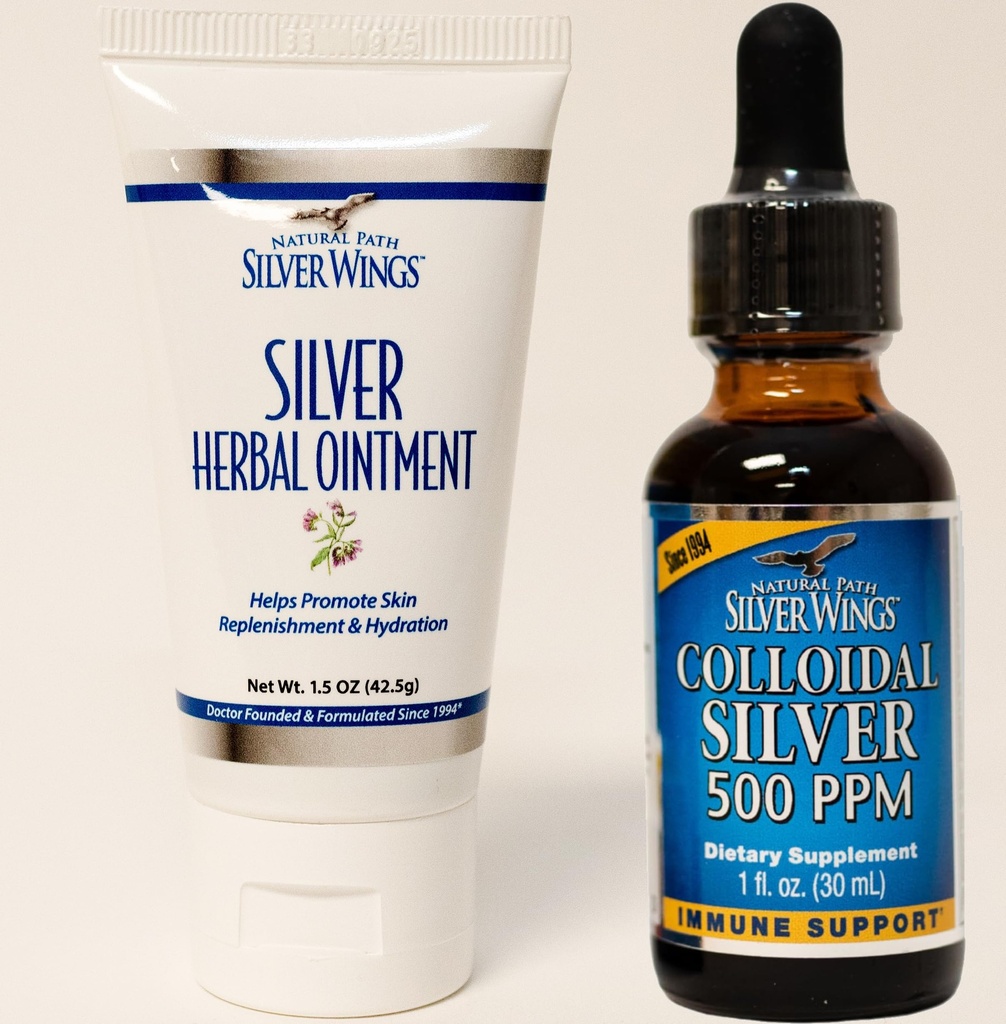 Doğal Pat Silver Wings Supplements - Colloidal Silver 500 ppm (1 oz / 30 ml) Immune Support Plus Herbal Ointment 250 ppm (1.5 oz)