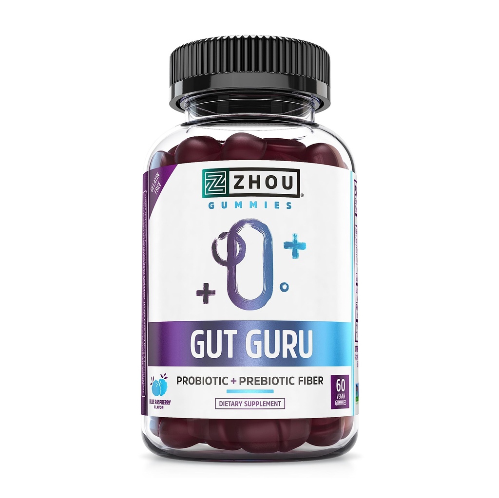 Zhou Gut Guru - Erkekler ve Kadınlar için Gut Health Gummies, Digestion ve Gut Health için Prebiyotik ve Probiyotik Fiber Supplement - 60 Vegan Gummies