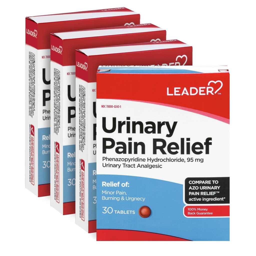 LEADER Urinary Pain Relief maximum Strength, Hızlı UTI Ağrısı, Yanan ve Urgency, Urinary Tract Enfeksiyonu Yardımı, Phenazo piridine 95 95 mg, 30 Tablet, 4-Pack