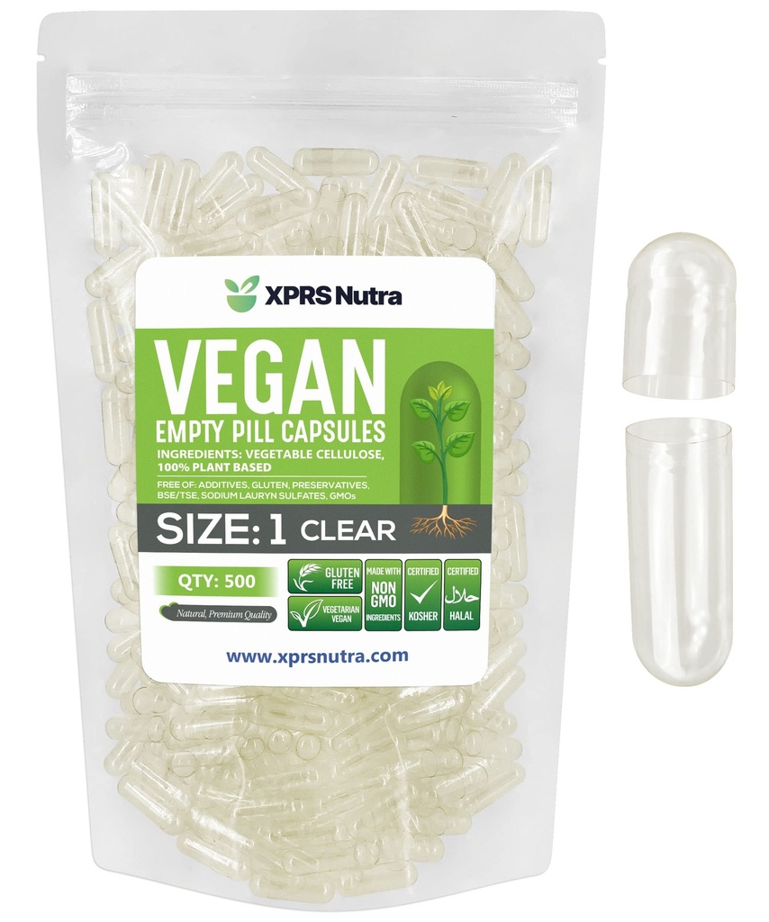 XPRS Nutra Boyutu 1 Boş Kapsüller - 500 Kont Clear Boş Vegan Capsules - Vejetaryen Pills - DIY Sebze Kapsülü - Veggie Pill Caps For Do-It- Yourself Supplements