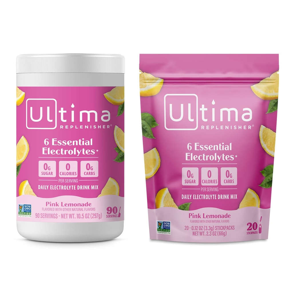 Ultima Replenisher Electrolyte Powder Drink Mix Bundle – Sugar Free – Pink Lemonade, 90 Serving Canister and 20 Stickpacks – 6 Electrolytes and Minerals – Keto Friendly, Vegan, Non-GMO