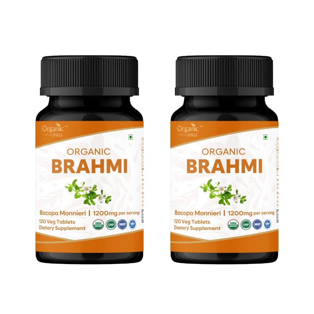 Brahmi 120 Tablet - USDA Organik Bacopa Monnieri Supplement - Destekler Focus, Calm & Memory - Herbal Nootropic* - 2 Paket