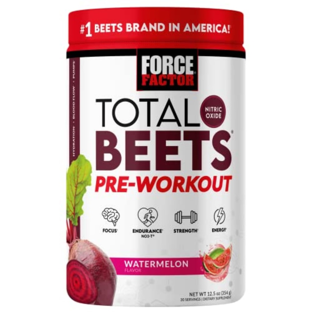 Force Factor Total Beets Pre-Workout Powder to Boost Energy & Endurance, Increase Strength, and Improve Blood Flow and Pumps, Nitric Oxide Supplement with Beet Root Powder, Watermelon, 30 Servings