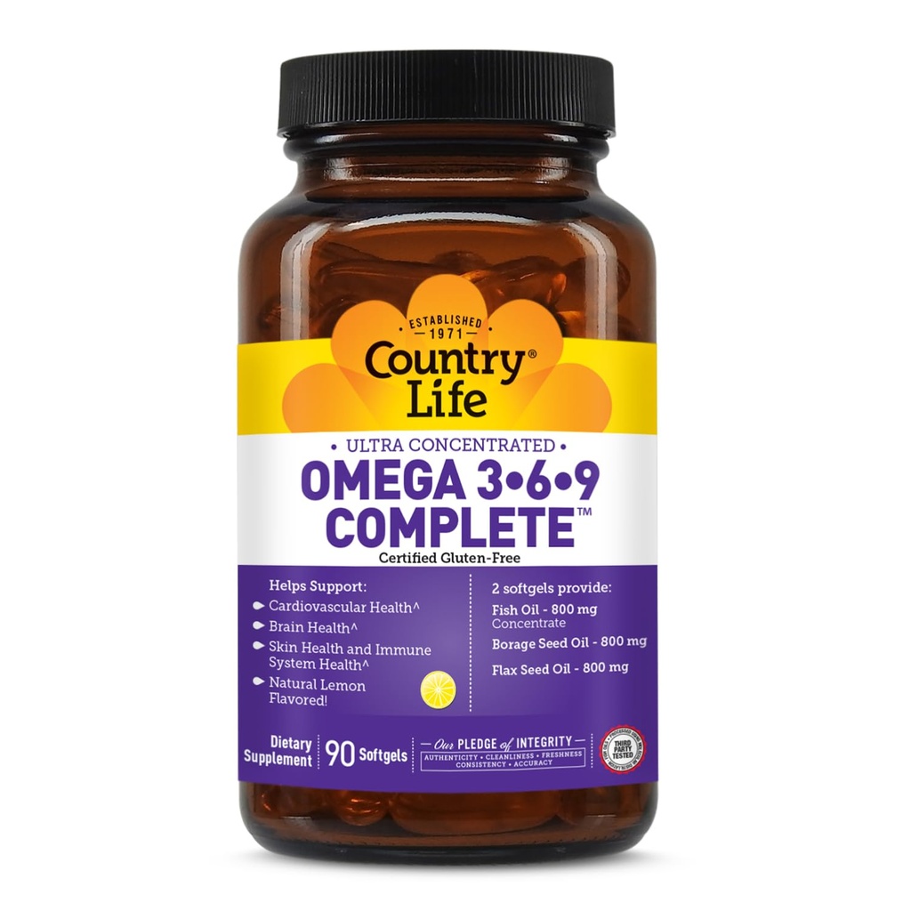 Country Life Omega 3-6-9 Tamam Tamam - 1.534 mg Omega Fatty Asits - Supports Cardiovascular, Beyin, Skin & Immune Health - sertifikalı Gluten Free, Non-GMO - 90 Softgels