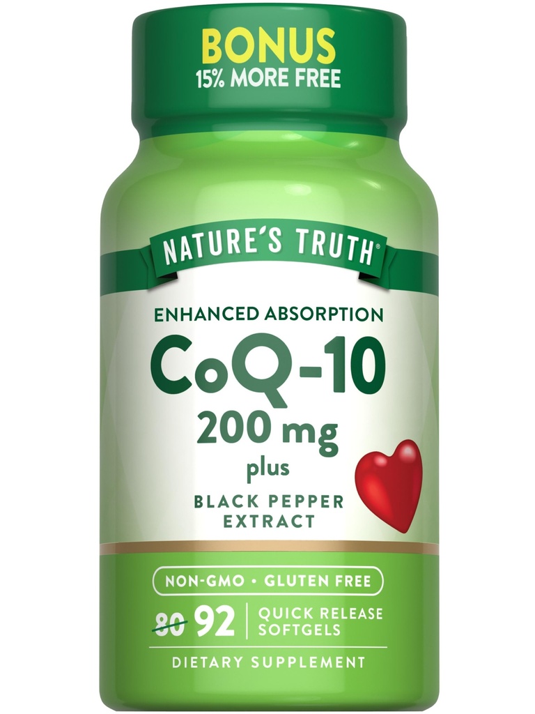 Nature's Truth CoQ10 200 mg Softgels | 92 Kont | Gelişmiş Aborpsiyon | Black Pepper Extract | Non-GMO & Gluten Free Supplement Supplement Supplement