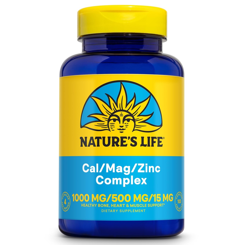 NATURE'S LIFE Cal Mag Zinc Complex 1000mg / 500mg / 15mg - Calcium Magnesium Zinc Supplement w/Vitamin D and Boron - Bone Health, Muscle and Heart Health Support, 60 Day Guarantee, 25 Serv, 100 Caps