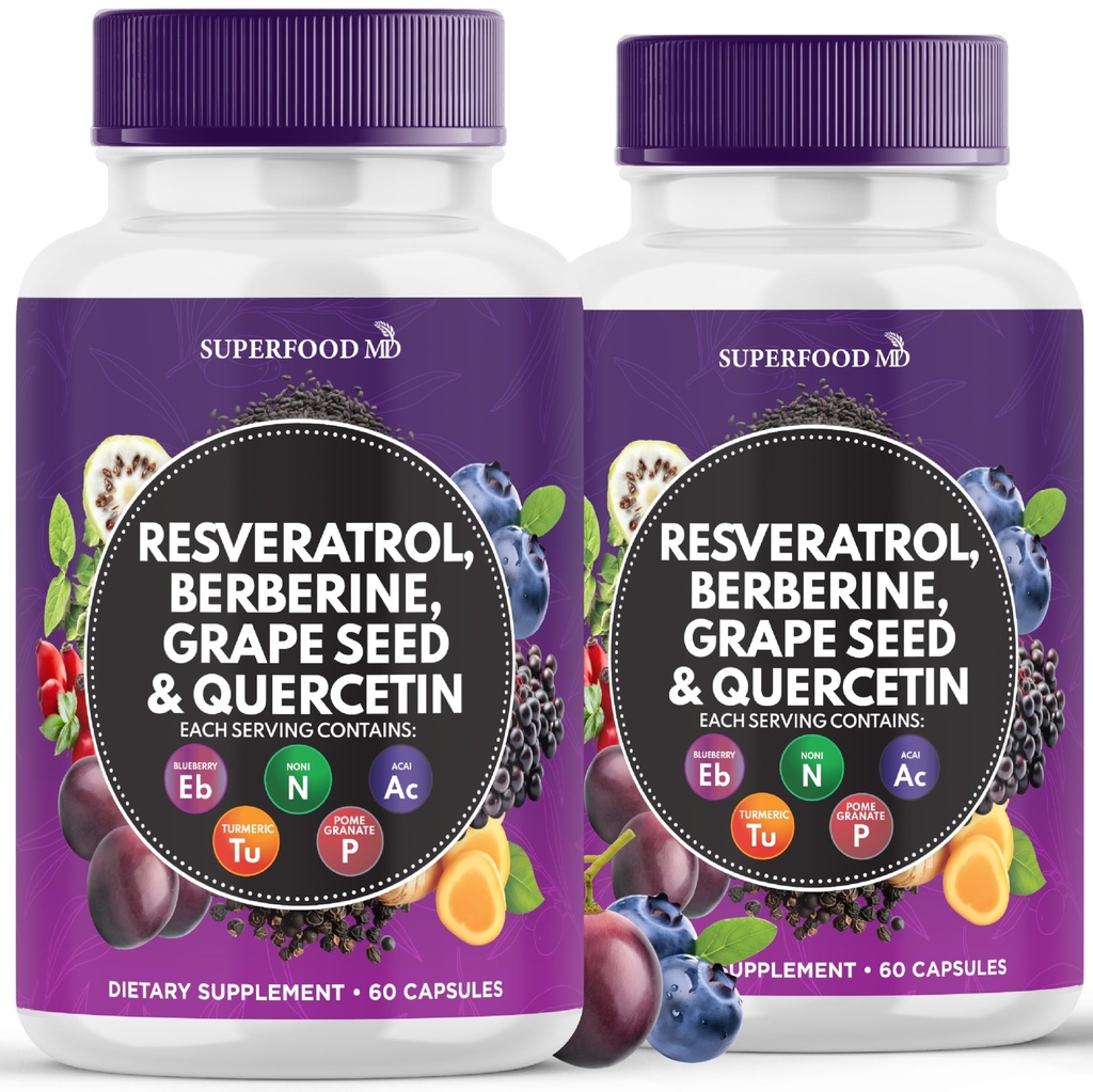 Resveratrol Berberine Grape Tohum alıntı Quercetin - Polyol Supplement with Noni Extract, N-Acetyl Cysteine, Acai Extract - Made in the USA - 120 Capsules
