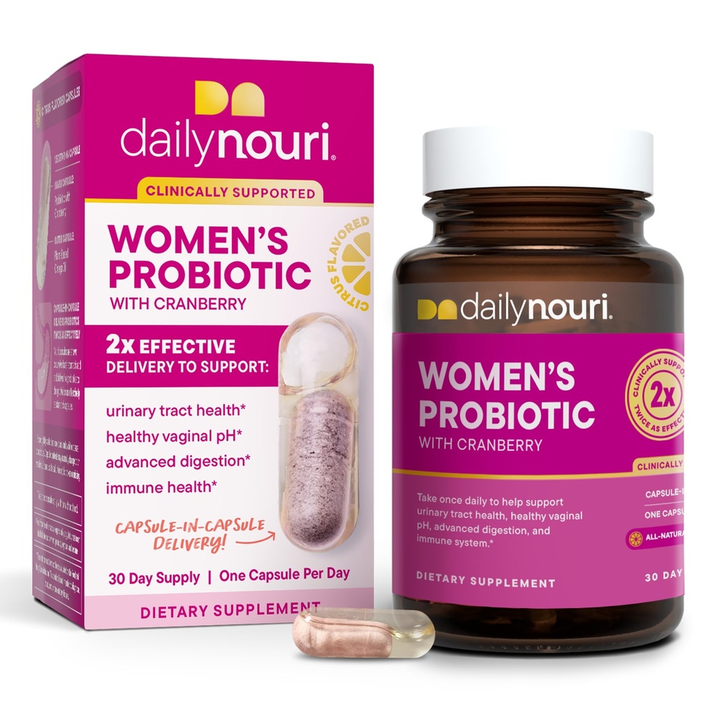 Daily Nouri Probiyotiks for Women | Vaginal Health + Urinary Tract Support | Vaginal pH & Microbiome Balance | 5 Klinik olarak Studied Strains + Cranberry & Omega | 30-Day Supply
