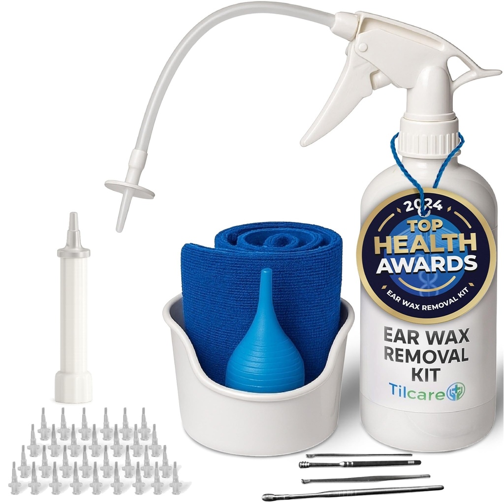 Ear Wax Removal Tool by Tilcare - Ear Irrigation Flushing System for Yetişkinler & Kids - Perfect Ear Temizlik Kit - Basin, Magnete, Curette Kit, Havlu ve 30 Teker