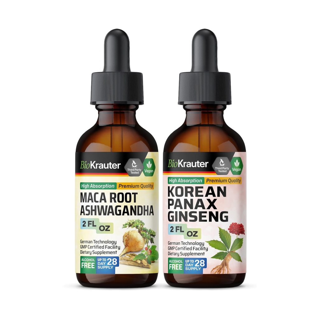 BIO KRAUTER Maca Root Ashwagandha Tincture 2 Fl. Oz. & Korean Panax Clooney Tincture 2 Fl. Oz.