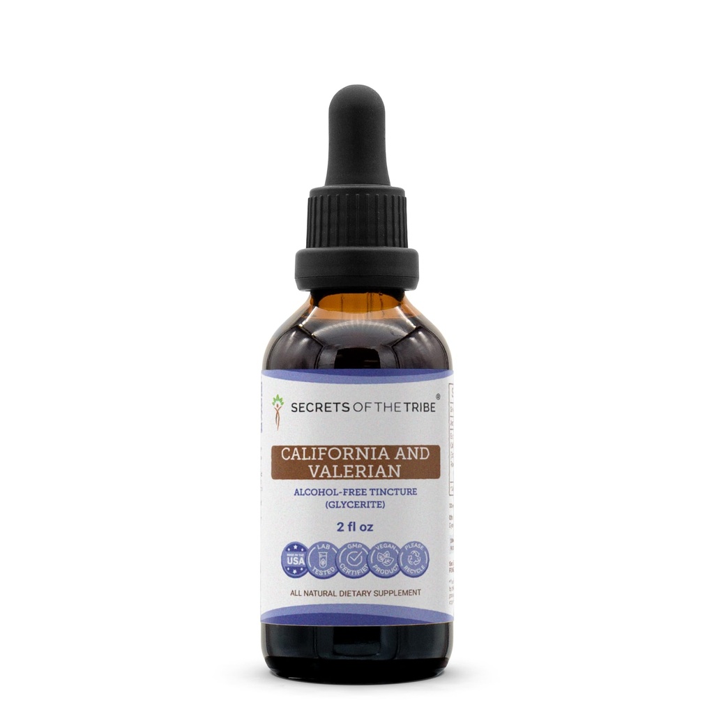 Secrets of the Tribe California and Valerian Tincture Alcohol-Free Extract, Herbs (California Poppy Herb and Flower, Valerian Root) 2 oz