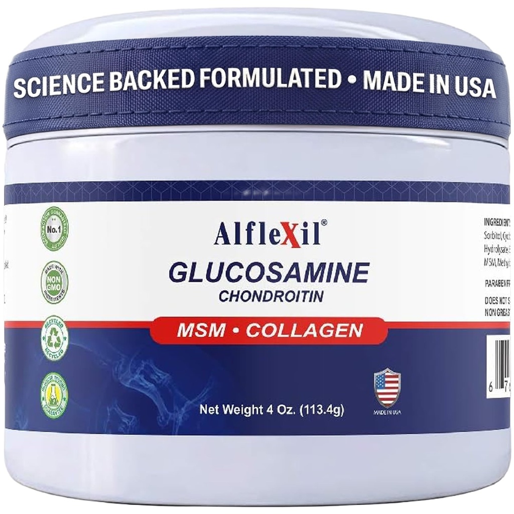 ALFA VITAMINS Alflexil Glucosamine Plus Chondroitin Cream with MSM & Collagen, Supports Health Commons, Joint & Muscle Pain Relief, Finds Mobility, Fast Abxia, and Moisturizes Skin, 4 Oz.