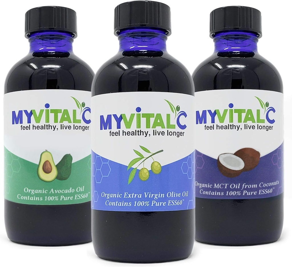 MyVitalC Combo of Organic Extra Virgin Olive Oil, MCT & Avocado Oil - ESS60 Antioxidant Supplement - For Anti-Aging, Longevity, Sleep, Energy - Pack of 3