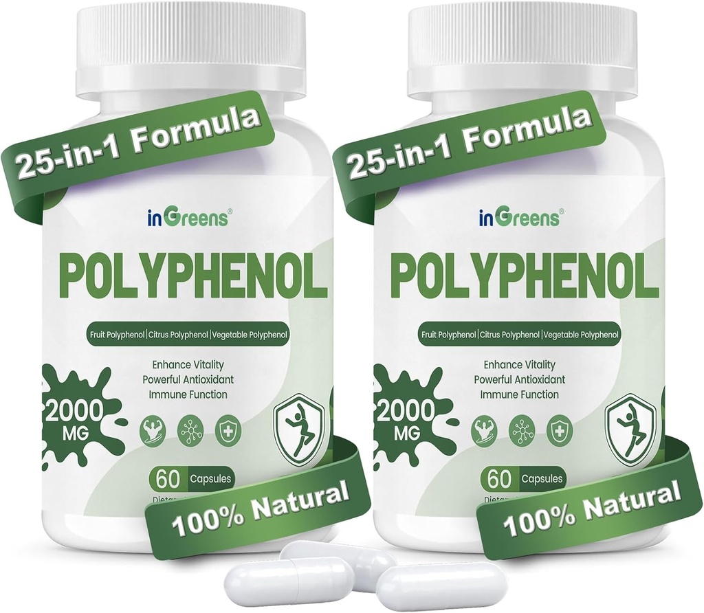 25-in-1 Polyols Supplement, 2000MG Güçlü Antioksis & Polyfenol Superfood, Quercetin, Resveratrol, Plant-Based & Energy, Immune Support, 120 Capsules