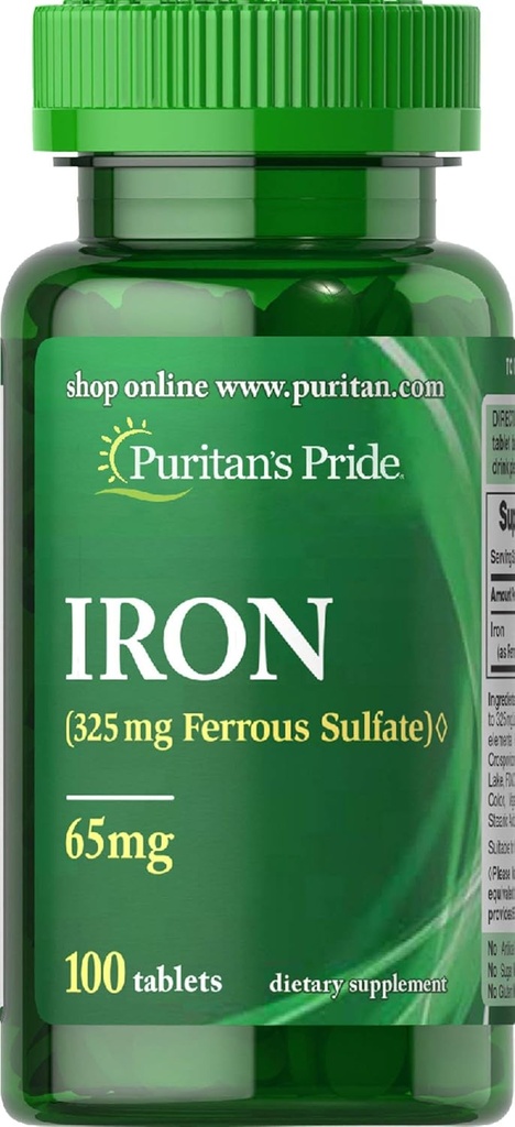 Puritans Pride Iron Ferrous Sulfate 65 Mg Tabletleri, 100 Count