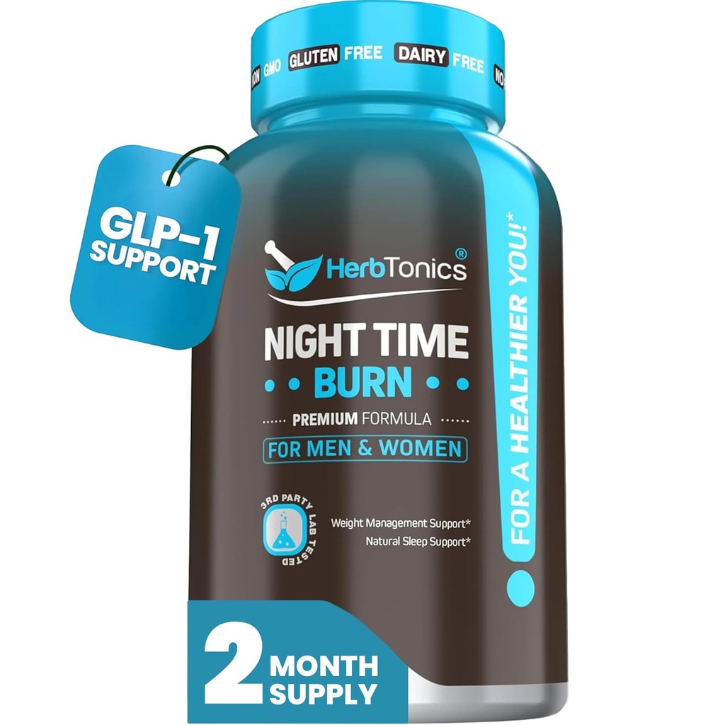 Herbtonics Night Time Burn & Sleep Complex Supports Overnight Metabolism, Stres Yardım ve Derin Uyku. Melatonin, Valerian ve Green Tea - Vegan Bedtime Kilo Yönetimi (60 Capsules)