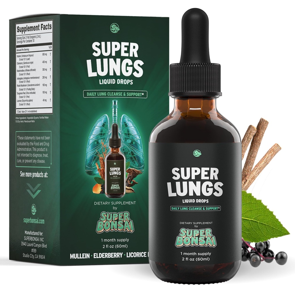 SuperBonsai Super Lungs Mullein Drops – Herbal Lung Support Tincture with Mullein Leaf Extractberry Reishi Marshmallow Root – Supports Clear Breathing & Wellness – 2 ozz