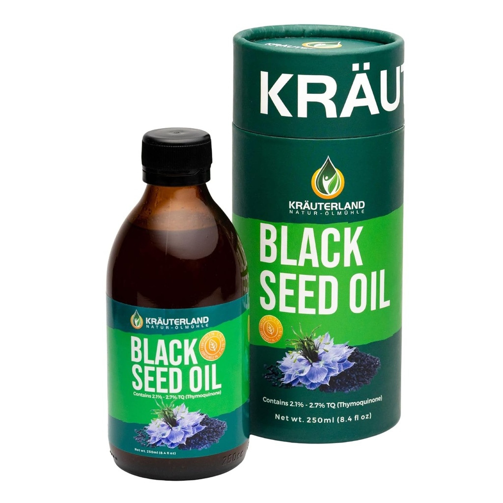 Kraeuterland - new twist lock - no leak - Natural Black Seed Oil Liquid 8.4 fl oz, Nigella Sativa Seed Oil,High Thymoquinone, Cold Pressed, Vegan, Gluten Free
